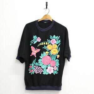 Vintage Floral Butterfly Short Sleeve Sweatshirt Large